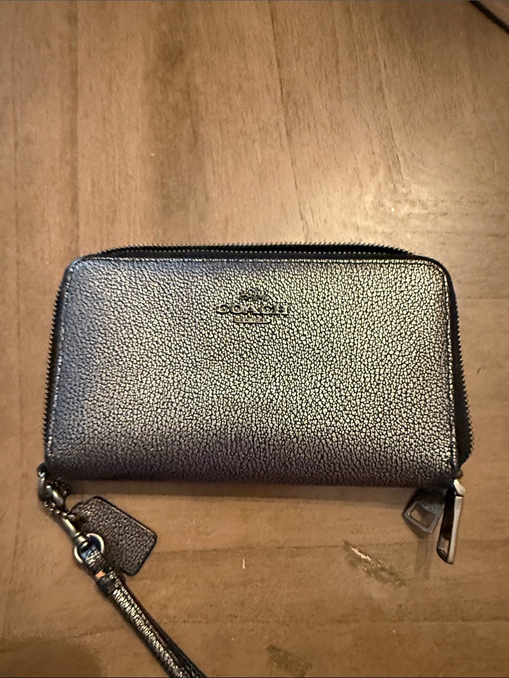 Coach Metallic Pewter Zip Wristlet Clutch
